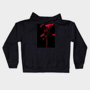 Digital collage and special processing. Hand near clouds. Holy trinity hand gesture. High contrast, red and pink. Bizarre. Kids Hoodie
